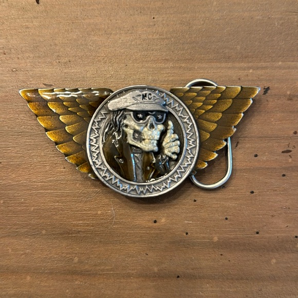 Vintage BERGAMOT Thumbs Up MC Skeleton Belt Buckle 1994 M-249 - Picture 1 of 4